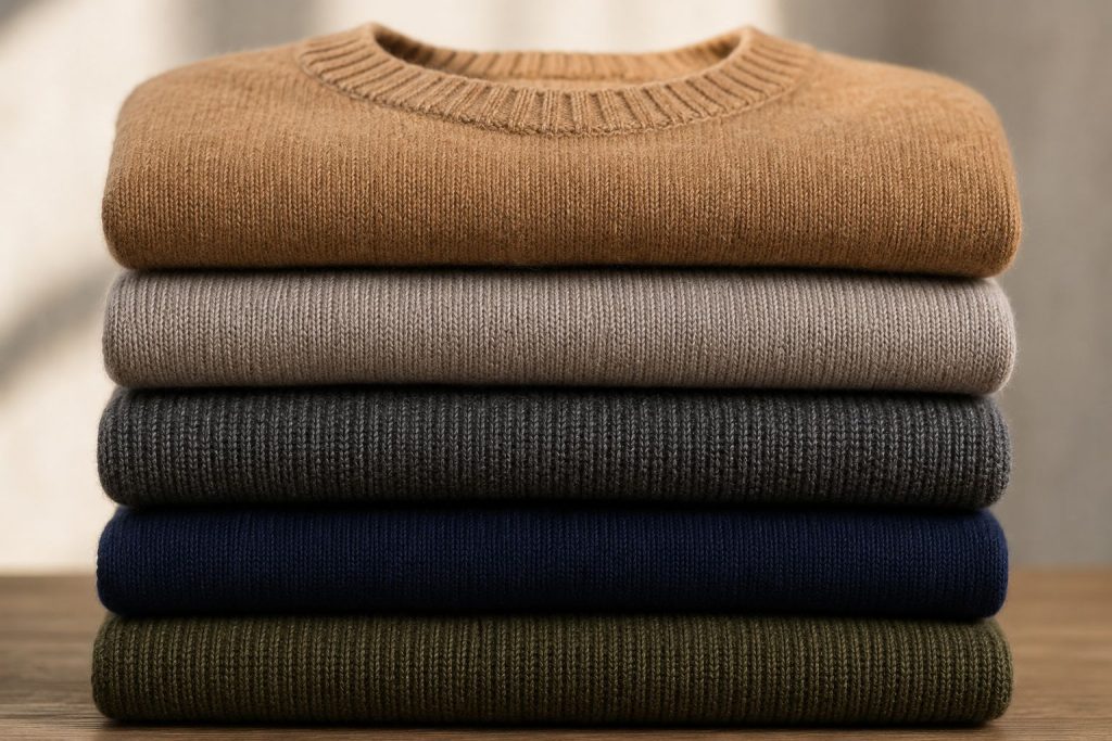 Neat stack of folded wool sweaters, texture close-up, soft light.