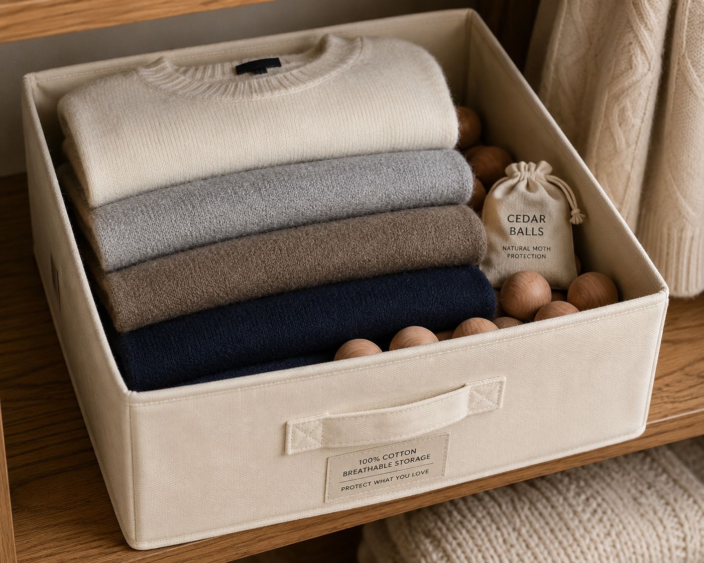 Neatly folded sweaters stored in a breathable canvas box with cedar balls.