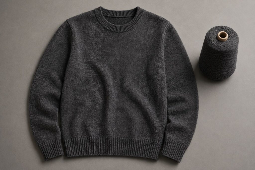 Professional flat lay of a Merino wool sweater with a yarn cone, minimalist studio lighting.