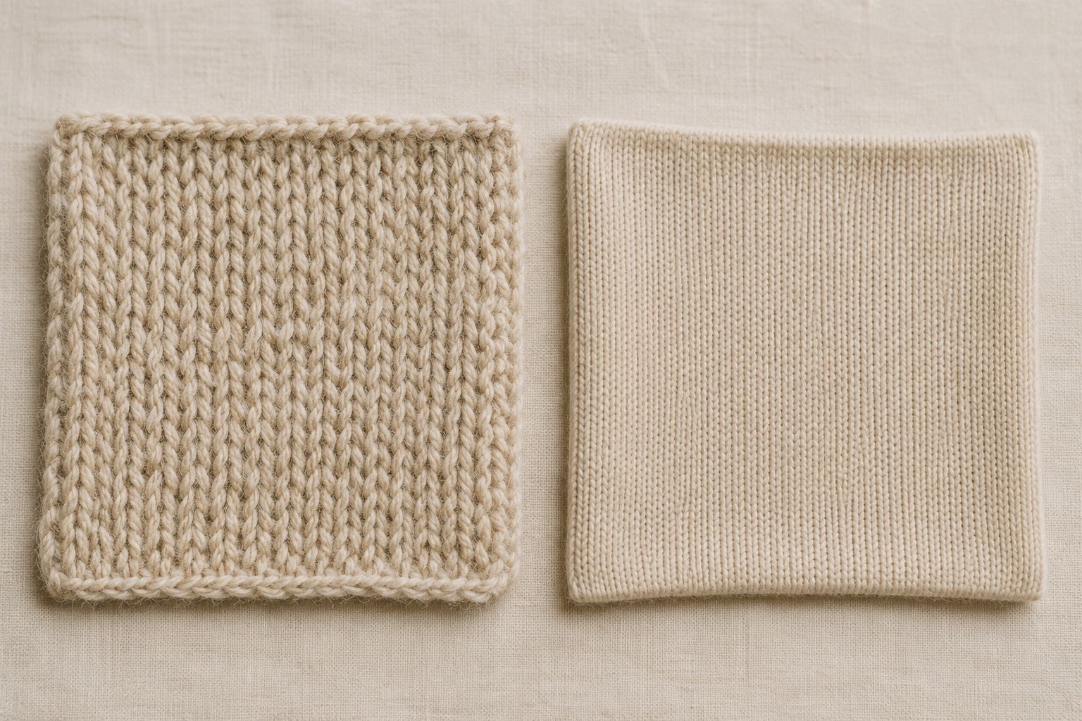 Two wool swatches side-by-side: one coarse and one ultra-fine Merino, showing the difference in texture.