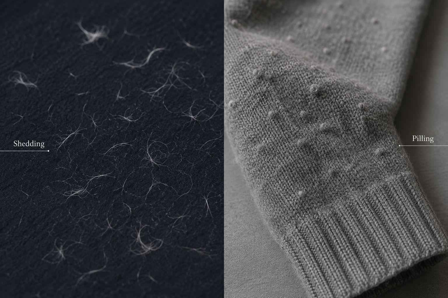 A clear visual comparison: on the left, a dark surface with loose white wool fibers labeled 'Shedding'; on the right, a close-up of a sweater sleeve with small tangled balls of fiber labeled 'Pilling'.