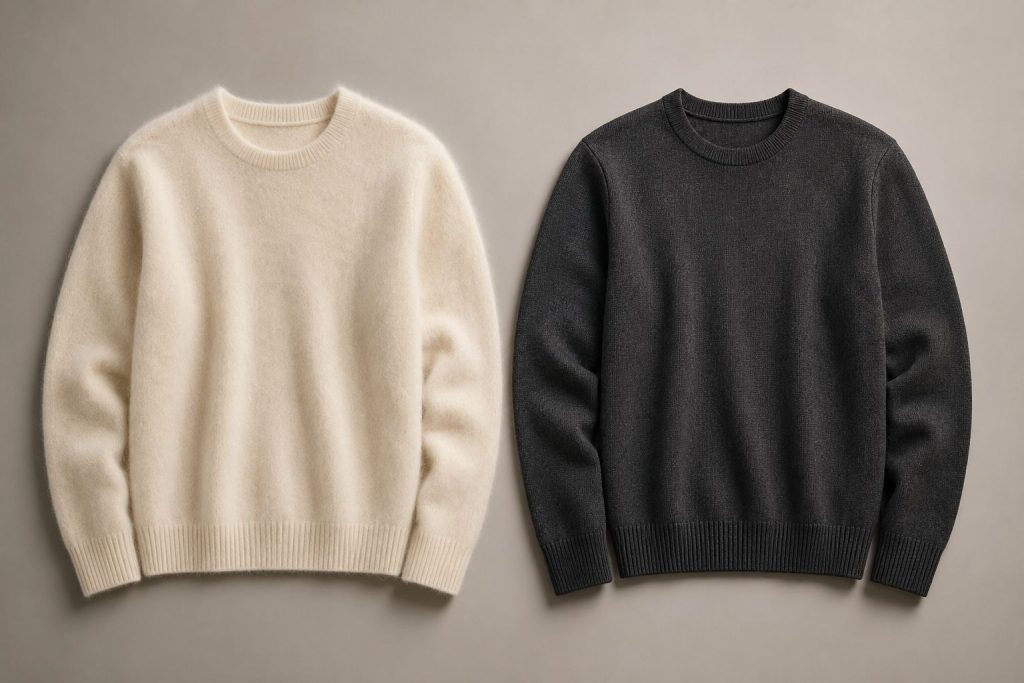 a luxurious cream cashmere sweater side-by-side with a structured charcoal merino wool sweater, minimalist studio lighting.